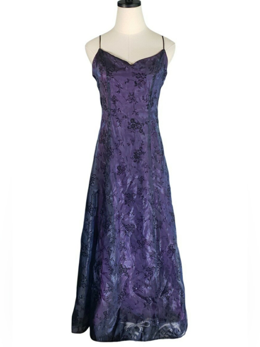 Vintage Veronica USA Purple Flocked Floral Chiffon Sheer Sparkle Slip Maxi Dress